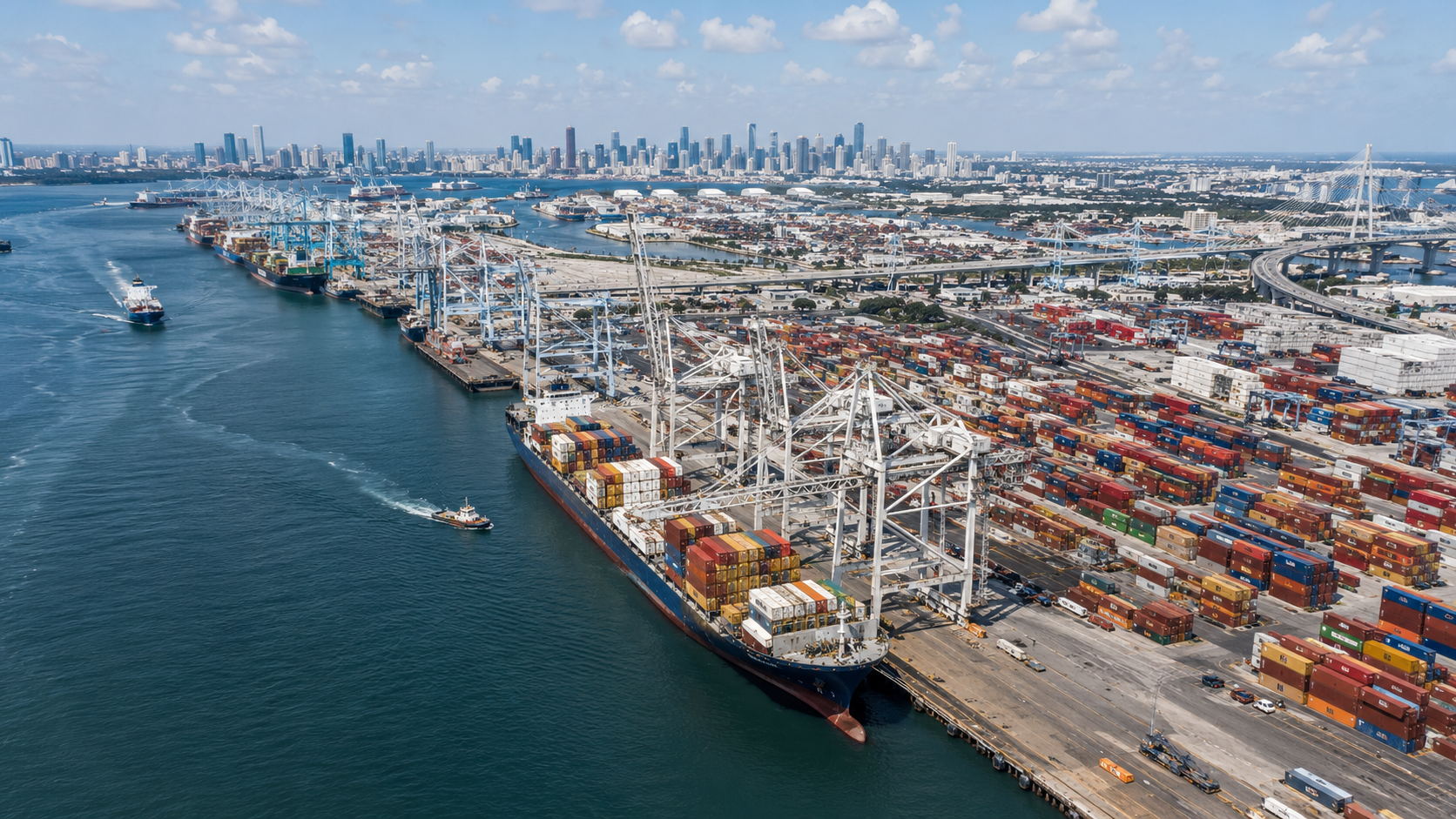 Aerial view of a U.S. seaport with cargo ships and shipping containers
