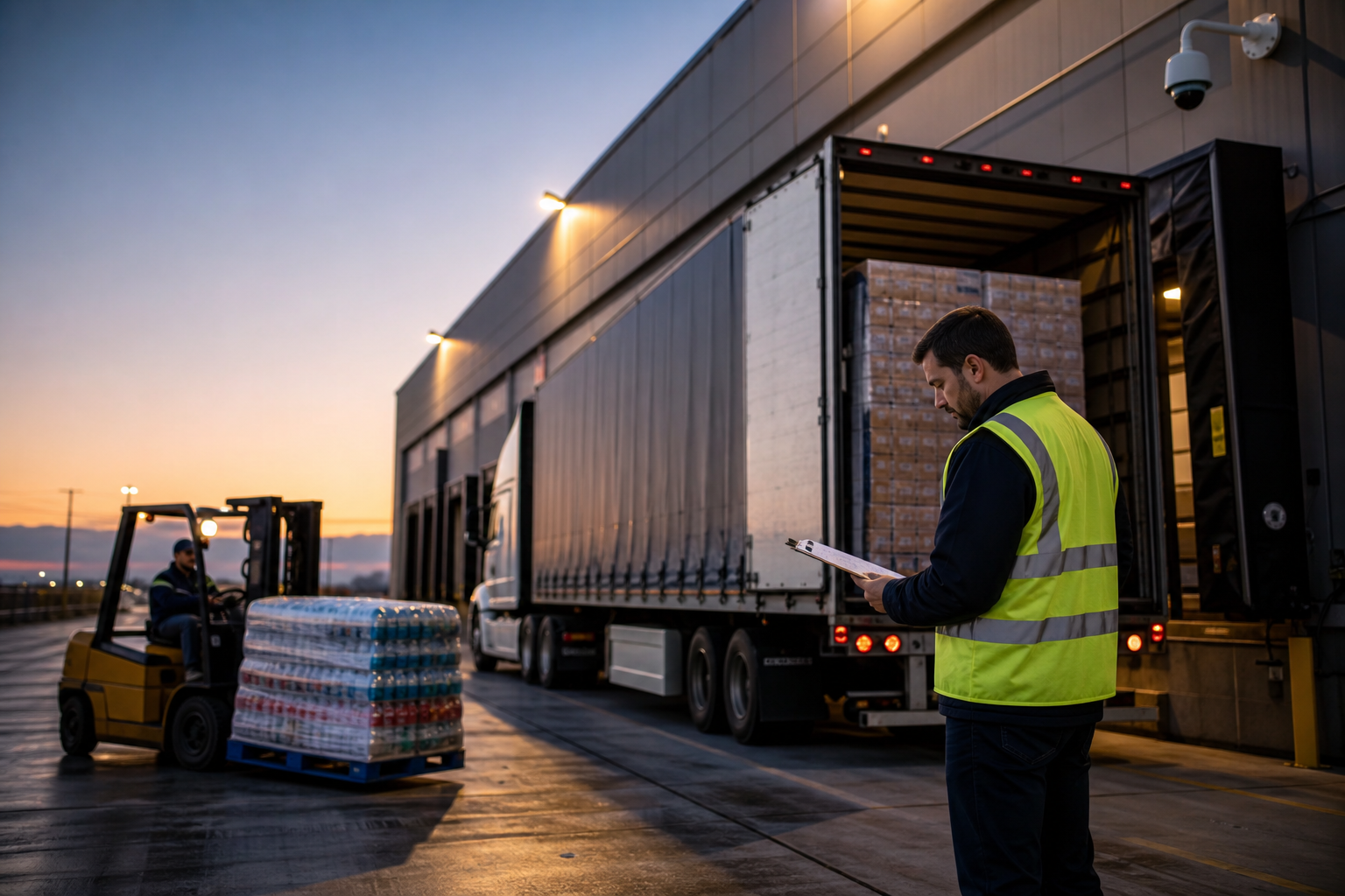 Logistics coordinator verifying paperwork at a warehouse loading dock as a semi-truck backs into the bay