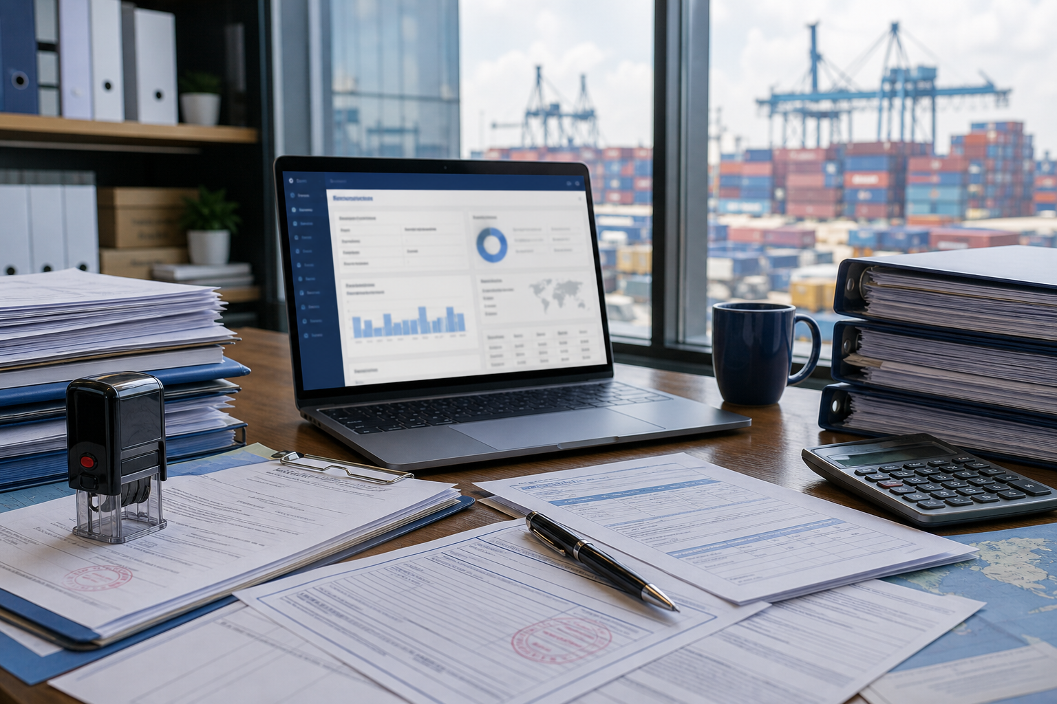Customs brokerage desk with import documents, tariff paperwork, and shipping containers in the background