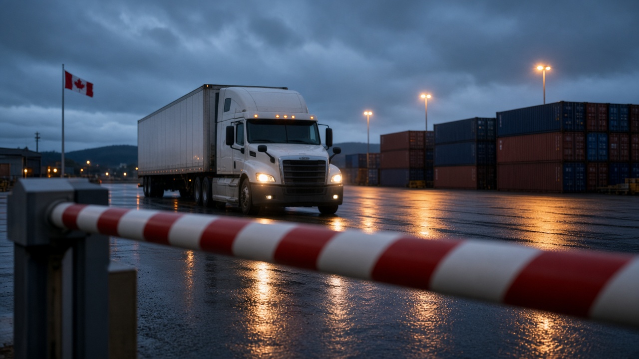 Lowered barrier gate blocking a semi-truck at a US-Canada border crossing at dusk, with stacked shipping containers behind